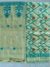 Handloom Pure Cotton Lemon Yellow Jamdani Saree - Turquoise, white & light coffee buti - Image 7