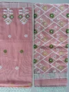 Handloom Pure Cotton Light Mauve Jamdani Saree - White, Golden & Green Buti - Image 7