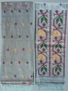 Handloom Pure Cotton Light Peach Dhakai Jamdani Saree - Green, Golden & Red Buti - Image 7