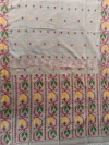 Handloom Pure Cotton Light Peach Dhakai Jamdani Saree - Green, Golden & Red Buti - Image 4