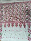 Handloom Pure Cotton White Jamdani Saree - Green, Red & Light Golden Buti - Image 4