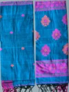 Handloom Lata Design Pure Cotton Cadet Blue Saree - Magenta & Orange Buti - Image 8