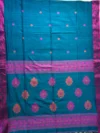 Handloom Lata Design Pure Cotton Cadet Blue Saree - Magenta & Orange Buti - Image 4