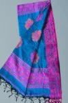 Handloom Lata Design Pure Cotton Cadet Blue Saree - Magenta & Orange Buti - Image 6
