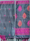 Handloom Lata Design Pure Cotton Slate Saree - Magenta & Orange Buti - Image 8