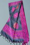 Handloom Lata Design Pure Cotton Slate Saree - Magenta & Orange Buti - Image 6