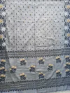 Handloom Pure Cotton Gray Jamdani Saree - Deep Blue, White & Golden Buti - Image 4