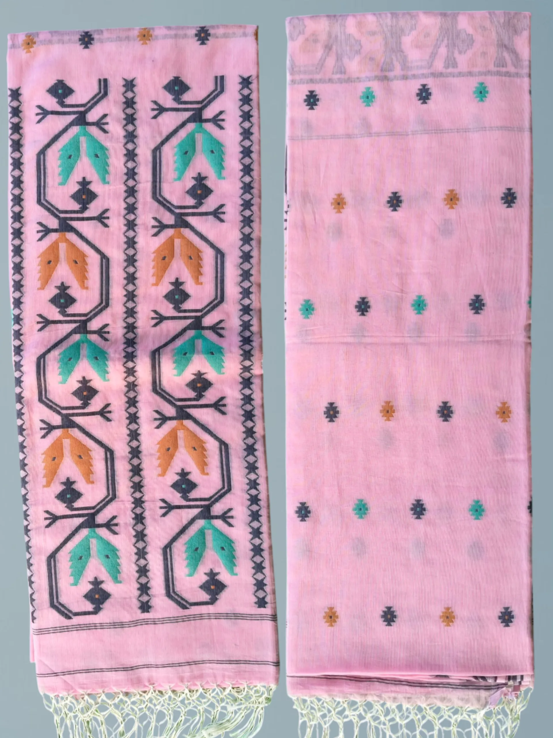 Handloom Pure Cotton Pink Dhakai Jamdani Saree - Turquoise 