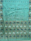 Handloom Pure Cotton Turquoise Dhakai Jamdani Saree - Coffee, Blue & White Buti - Image 4