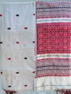 Handloom Shiny Cotton White Saree - Black & Red Buti - Image 7