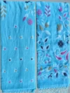 Pure Cotton Aqua Blue Modern Jamdani Saree - Golden, Magenta & Black Buti - Image 6