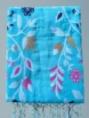Pure Cotton Aqua Blue Modern Jamdani Saree - Golden, Magenta & Black Buti - Image 5