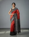 Pure Tussar Silk Ikkat Soft Jamdani Saree - Maroon & Black - Image 2