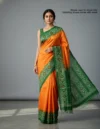Pure Tussar Silk Ikkat Soft Jamdani Saree - Orange & Green