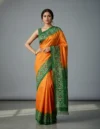 Pure Tussar Silk Ikkat Soft Jamdani Saree - Orange & Green - Image 2