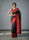 Pure Tussar Silk Ikkat Soft Jamdani Saree - Black & Red - Image 2