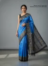 Pure Tussar Silk Ikkat Soft Jamdani Saree - Royal Blue & Black