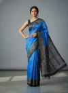 Pure Tussar Silk Ikkat Soft Jamdani Saree - Royal Blue & Black - Image 2