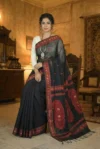 Authentic Handloom Pure Cotton Black Tant Saree - Red & Golden Buti - Image 2