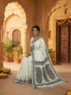 Authentic Handloom Pure Cotton White Tant Saree - Black & Red Buti - Image 2
