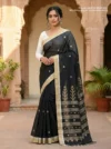 Handloom Glossy Pure Cotton Black Tant Saree - Golden Buti