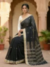 Handloom Glossy Pure Cotton Black Tant Saree - Golden Buti - Image 2