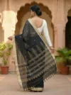 Handloom Glossy Pure Cotton Black Tant Saree - Golden Buti - Image 3