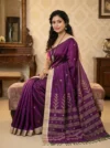 Handloom Glossy Pure Cotton Dark Magenta Tant Saree - Golden Buti - Image 2