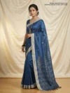 Handloom Glossy Pure Cotton Royal Blue Tant Saree - Golden Buti
