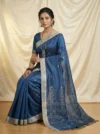 Handloom Glossy Pure Cotton Royal Blue Tant Saree - Golden Buti - Image 2