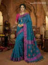 Handloom Lata Design Pure Cotton Cadet Blue Saree - Magenta & Orange Buti