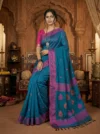 Handloom Lata Design Pure Cotton Cadet Blue Saree - Magenta & Orange Buti - Image 2