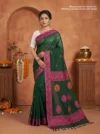 Handloom Lata Design Pure Cotton Forest Green Saree - Magenta & Orange Buti