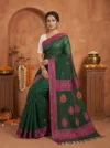 Handloom Lata Design Pure Cotton Forest Green Saree - Magenta & Orange Buti - Image 2