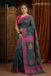 Handloom Lata Design Pure Cotton Slate Saree - Magenta & Orange Buti