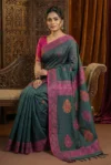 Handloom Lata Design Pure Cotton Slate Saree - Magenta & Orange Buti - Image 2