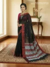 Handloom Pure Cotton Black Baluchari Saree - White & Red Buti