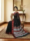 Handloom Pure Cotton Black Baluchari Saree - White & Red Buti - Image 2