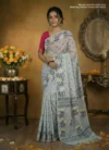 Handloom Pure Cotton Gray Jamdani Saree - Deep Blue, White & Golden Buti