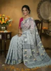 Handloom Pure Cotton Gray Jamdani Saree - Deep Blue, White & Golden Buti - Image 2