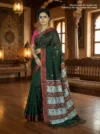 Handloom Pure Cotton Green Baluchari Saree - White & Red Buti