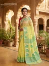 Handloom Pure Cotton Lemon Yellow Jamdani Saree - Turquoise, White & Coffee Buti