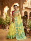Handloom Pure Cotton Lemon Yellow Jamdani Saree - Turquoise, White & Coffee Buti - Image 2