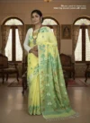 Handloom Pure Cotton Lemon Yellow Jamdani Saree - Turquoise, white & light coffee buti