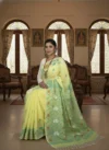 Handloom Pure Cotton Lemon Yellow Jamdani Saree - Turquoise, white & light coffee buti - Image 2