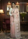 Handloom Pure Cotton Light Mauve Jamdani Saree - White, Golden & Green Buti
