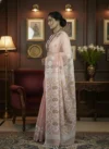 Handloom Pure Cotton Light Mauve Jamdani Saree - White, Golden & Green Buti - Image 2