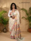 Handloom Pure Cotton Light Peach Dhakai Jamdani Saree - Green, Golden & Red Buti