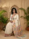 Handloom Pure Cotton Light Peach Dhakai Jamdani Saree - Green, Golden & Red Buti - Image 2