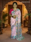 Handloom Pure Cotton Pink Dhakai Jamdani Saree - Turquoise, Black & Light Coffee Buti